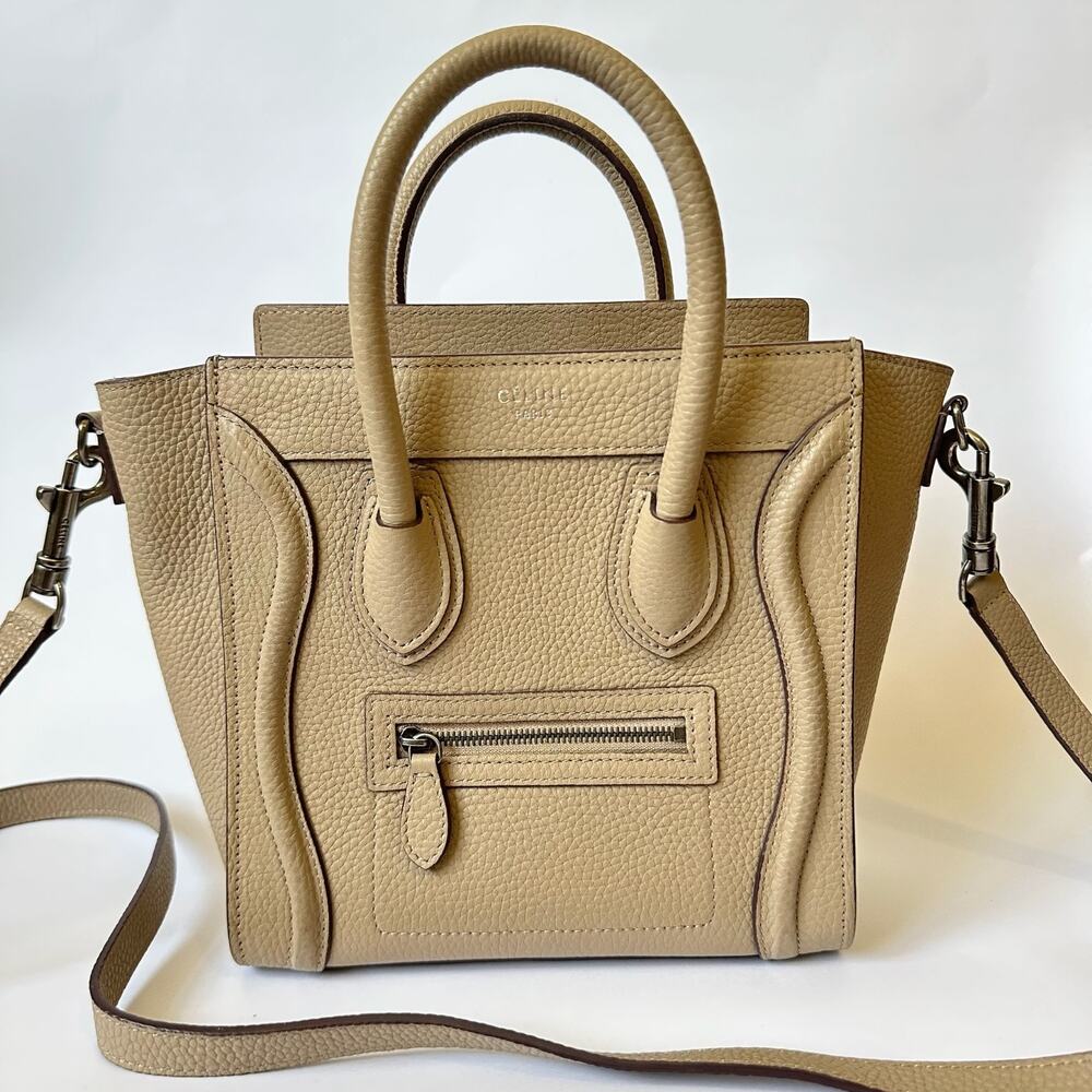 CELINE Luggage Nano Tote Bag Womens Beige Pebbled Leather Crossbody Handbag
